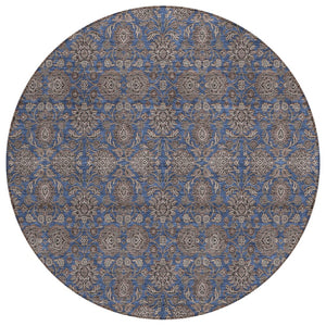 HomeRoots 5' Stylish Floral Area Rug in Navy, Beige, and Taupe - Durable, Washable for Indoor and Outdoor Use 8' Round 582292