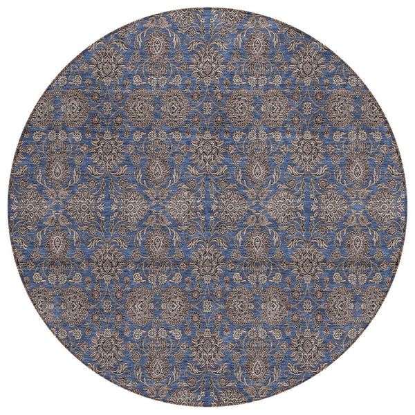 HomeRoots 5' Stylish Floral Area Rug in Navy, Beige, and Taupe - Durable, Washable for Indoor and Outdoor Use 8' Round 582292