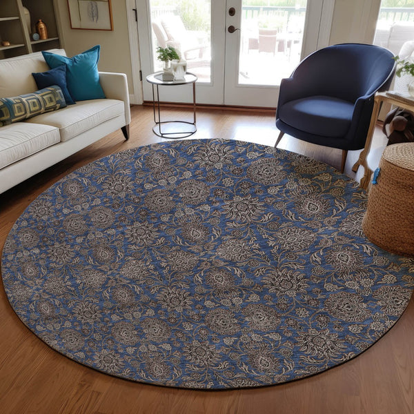 Homeroots 3' Chocolate And Gray Floral Washable Area Rug For Indoor And Outdoor Spaces, Durable Design 8' Round Polyester 582292