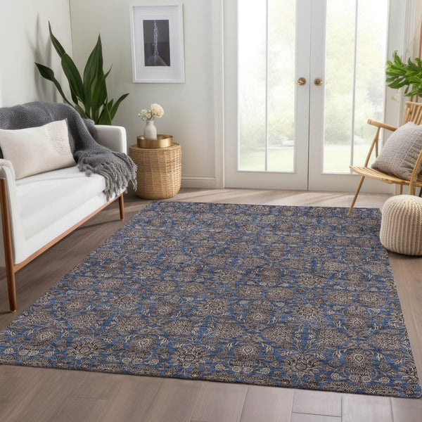 Homeroots 3' Chocolate And Gray Floral Washable Area Rug For Indoor And Outdoor Spaces, Durable Design 8' X 10' Polyester 582293