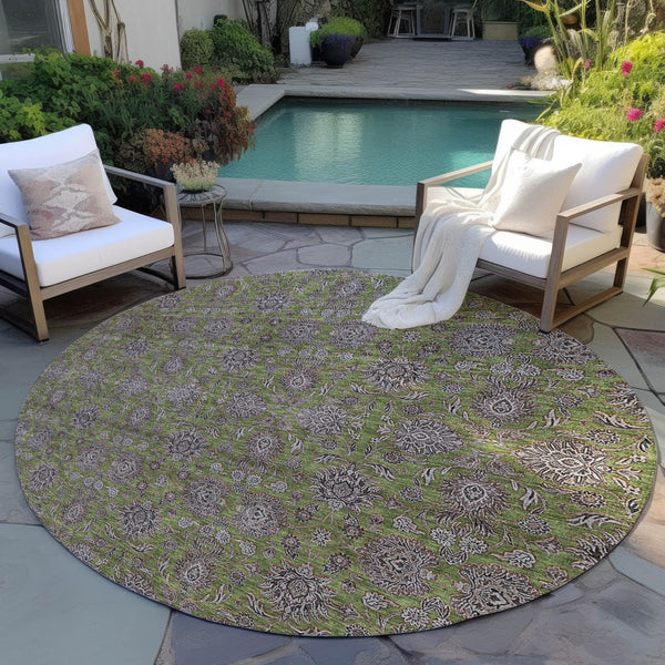 Homeroots 3' Chocolate And Gray Floral Washable Area Rug For Indoor And Outdoor Spaces, Durable Design 8' Round Polyester 582298