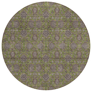 HomeRoots 5' Olive Green Beige Taupe Floral Area Rug - Durable, Washable Design for Indoor & Outdoor Use 8' Round 582298