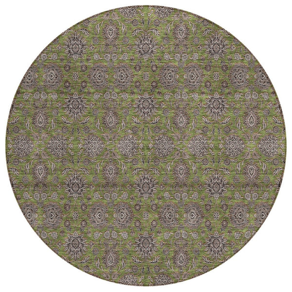 HomeRoots 5' Olive Green Beige Taupe Floral Area Rug - Durable, Washable Design for Indoor & Outdoor Use 8' Round 582298