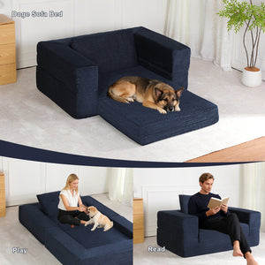 English Elm Compression Human Dog Sofa Bed 3-in-1 Folding Corduroy Floor Couch with Memory Foam Pillow for Living Room Dark Blue W3723P376785