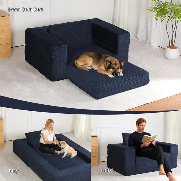 English Elm Compression Human Dog Sofa Bed 3-in-1 Folding Corduroy Floor Couch with Memory Foam Pillow for Living Room Dark Blue W3723P376785
