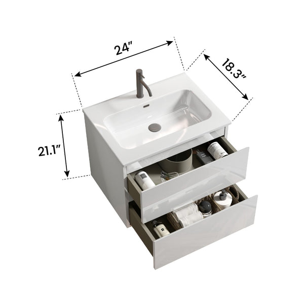 English Elm Wall Mount 24" White Glossy Floating Bathroom Vanity With Ceramic Sink & Soft-Close Drawers W1865S00058-GIGA