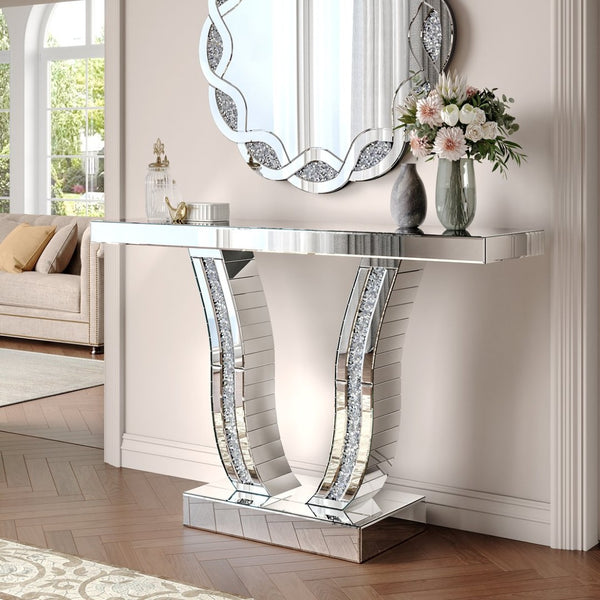 English Elm 43 Inch Mirrored Console Glam Sofa Table with Crystal Stone Inlaid Curved Legs W1445P370475