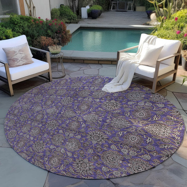 Homeroots 3' Chocolate And Gray Floral Washable Area Rug For Indoor And Outdoor Spaces, Durable Design 8' Round Polyester 582304