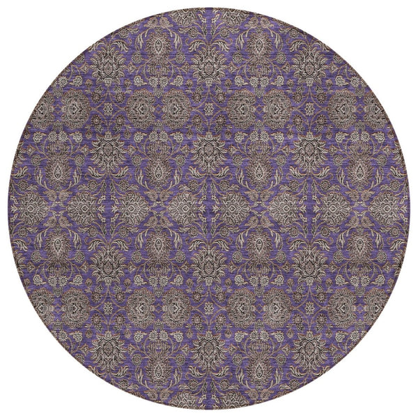 HomeRoots 5' Elegant Floral Indoor Outdoor Area Rug in Purple, Beige, and Taupe - Washable & Durable Design 8' Round 582304