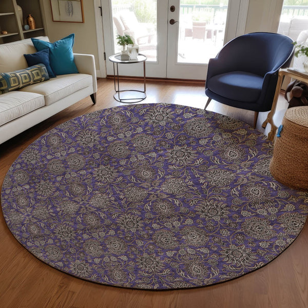 Homeroots 3' Chocolate And Gray Floral Washable Area Rug For Indoor And Outdoor Spaces, Durable Design 8' Round Polyester 582304
