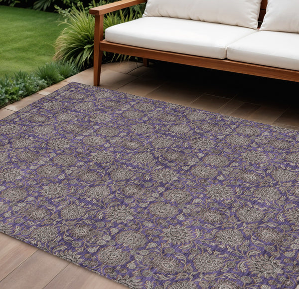 Homeroots 3' Chocolate And Gray Floral Washable Area Rug For Indoor And Outdoor Spaces, Durable Design 8' X 10' Polyester 582305