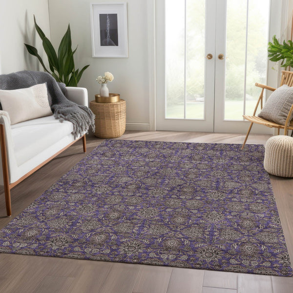 Homeroots 3' Chocolate And Gray Floral Washable Area Rug For Indoor And Outdoor Spaces, Durable Design 9' X 12' Polyester 582306