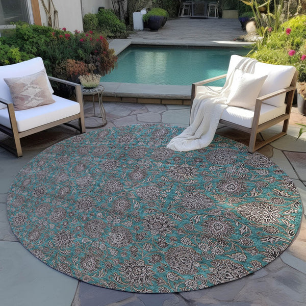 Homeroots 3' Chocolate And Gray Floral Washable Area Rug For Indoor And Outdoor Spaces, Durable Design 8' Round Polyester 582310