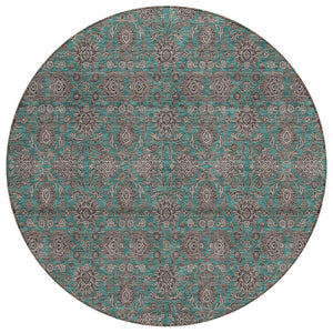 HomeRoots 5' Stylish Teal Blue Floral Area Rug - Washable, Durable, Stain-Resistant for Indoor & Outdoor Use 8' Round 582310