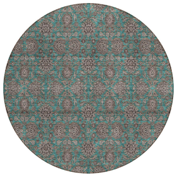 HomeRoots 5' Stylish Teal Blue Floral Area Rug - Washable, Durable, Stain-Resistant for Indoor & Outdoor Use 8' Round 582310
