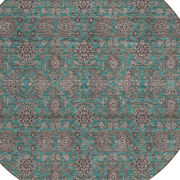 Homeroots 3' Chocolate And Gray Floral Washable Area Rug For Indoor And Outdoor Spaces, Durable Design 8' Round Polyester 582310