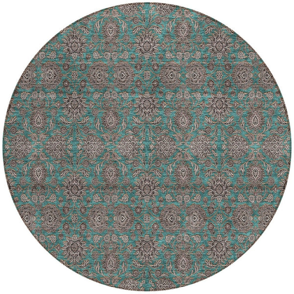 Homeroots 3' Chocolate And Gray Floral Washable Area Rug For Indoor And Outdoor Spaces, Durable Design 8' Round Polyester 582310