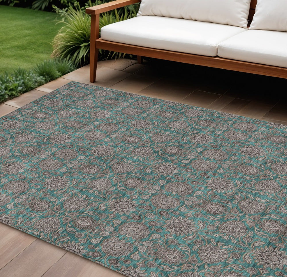 HomeRoots 9' Elegant Teal Blue Floral Area Rug - Durable Washable Design for Indoor and Outdoor Spaces 9' X 12' 582312