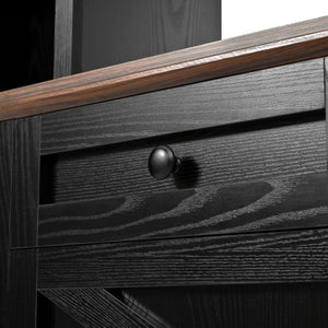 English Elm U-can Farmhouse Wall Unit with Barn Doors Built-in Power Outlets and Open Shelving Black+Brown SJ000154AAB