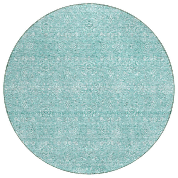 HomeRoots 5' Aqua and Ivory Floral Area Rug – Stylish, Durable, Washable for Indoor and Outdoor Spaces 8' Round 582322