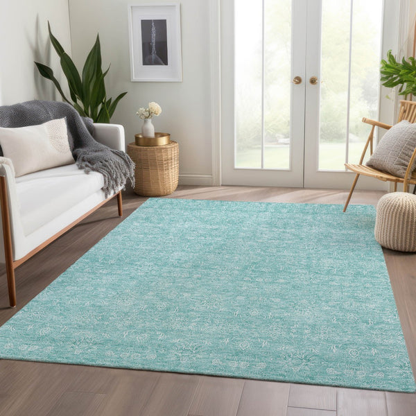 Homeroots 3' Floral Washable Area Rug In Artichoke Green Mint Green & Ivory For Indoor/Outdoor Spaces 9' X 12' Polyester 582324