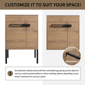English Elm 24 24 Inch Bathroom Vanity with Ceramic Sink, Freestanding or Wall-Mount, Soft-Close Doors, Storage W999S00076