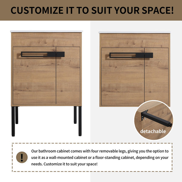 English Elm 24 24 Inch Bathroom Vanity with Ceramic Sink, Freestanding or Wall-Mount, Soft-Close Doors, Storage W999S00076