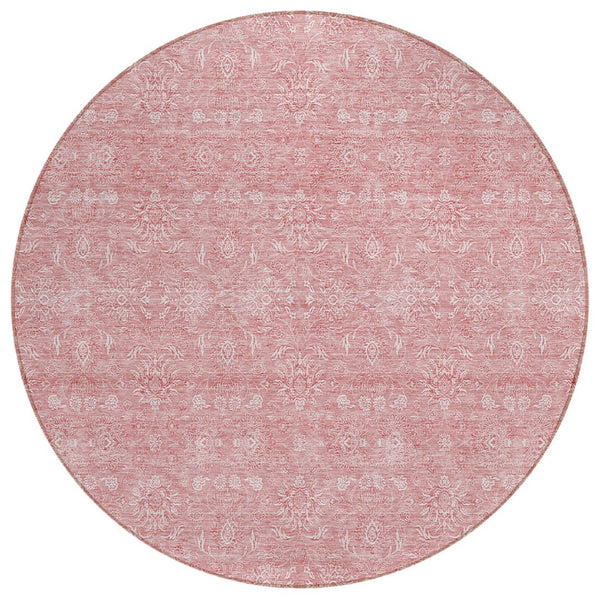 HomeRoots 5' Durable Blush Pink and Ivory Floral Area Rug - Machine Washable for Indoor and Outdoor Use 8' Round 582334