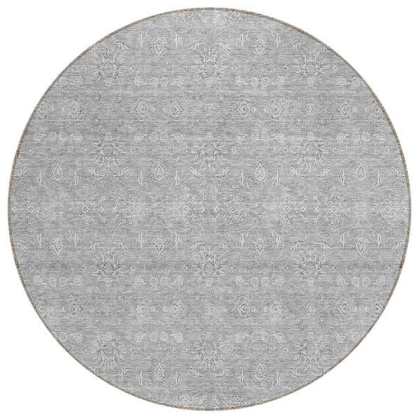 HomeRoots 5' Elegant Gray Silver and Ivory Floral Area Rug - Durable Indoor Outdoor Design for Any Space 8' Round 582346