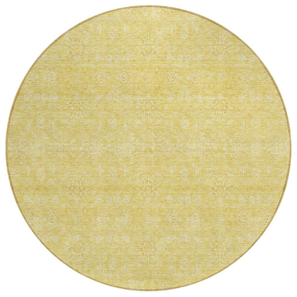 HomeRoots 5' Vibrant Yellow Gold and Ivory Floral Washable Area Rug for Indoor and Outdoor Spaces, Durable Design 8' Round 582352