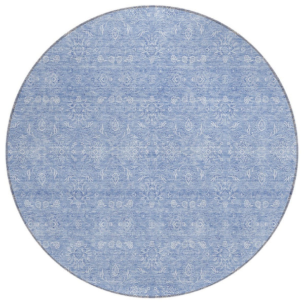 HomeRoots 5' Sky Blue and Ivory Floral Area Rug – Stylish, Durable, and Machine Washable for Indoor & Outdoor Use 8' Round 582370