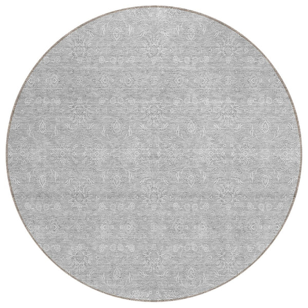 HomeRoots 5' Silver Gray and Ivory Floral Area Rug - Elegant, Durable, Machine Washable for Indoor/Outdoor Use 8' Round 582376