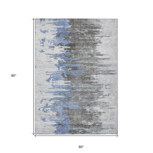 Homeroots 3' Blue Gray And Silver Abstract Washable Area Rug For Indoor And Outdoor Spaces - Durable Design 5' X 8' Polyester 582381