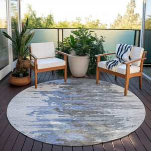 Homeroots 3' Blue Gray And Silver Abstract Washable Area Rug For Indoor And Outdoor Spaces - Durable Design 8' Round Polyester 582382