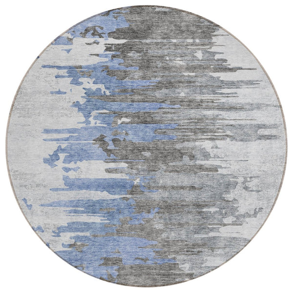 HomeRoots 5' Blue Gray and Silver Abstract Area Rug - Stylish, Washable Design for Indoor and Outdoor Spaces 8' Round 582382