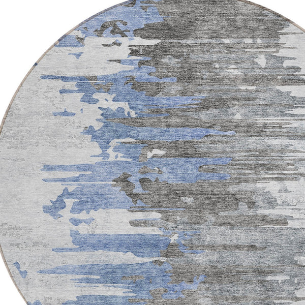 Homeroots 3' Blue Gray And Silver Abstract Washable Area Rug For Indoor And Outdoor Spaces - Durable Design 8' Round Polyester 582382
