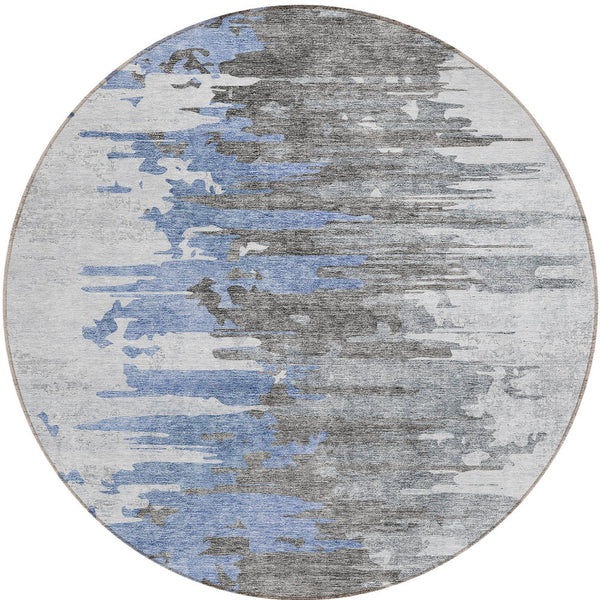 Homeroots 3' Blue Gray And Silver Abstract Washable Area Rug For Indoor And Outdoor Spaces - Durable Design 8' Round Polyester 582382