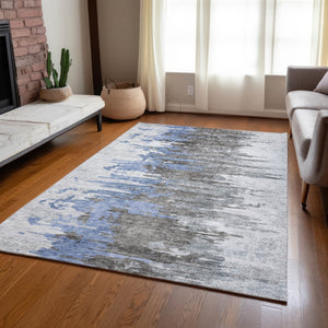 Homeroots 3' Blue Gray And Silver Abstract Washable Area Rug For Indoor And Outdoor Spaces - Durable Design 8' X 10' Polyester 582383