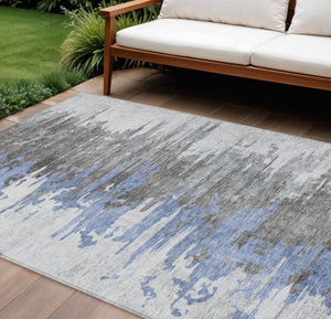 Homeroots 3' Blue Gray And Silver Abstract Washable Area Rug For Indoor And Outdoor Spaces - Durable Design 10' X 14' Polyester 582385