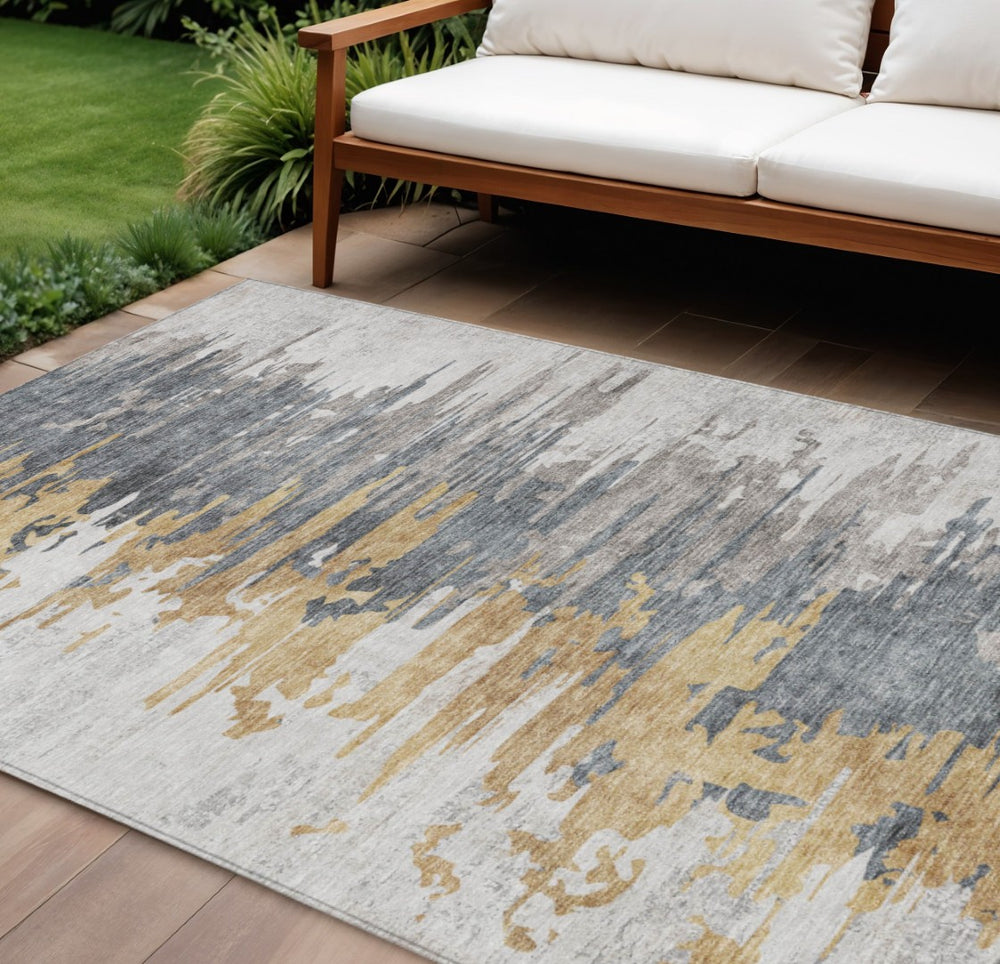 HomeRoots 9' Contemporary Abstract Washable Area Rug in Ivory, Charcoal, and Silver for Indoor Outdoor Use 9' X 12' 582396