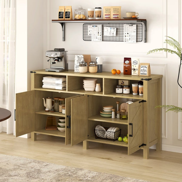 English Elm U_style 59 Inch Sideboard Buffet with Built in Power Outlets Open Cubbies Metal Accents Natural Wood N711P347407O