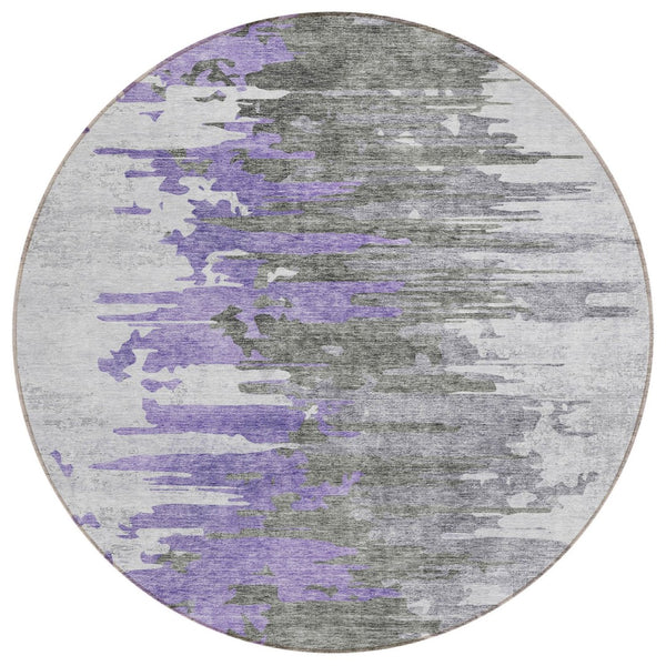 HomeRoots 5' Contemporary Abstract Washable Rug in Purple, Ivory, and Charcoal - Ideal for Indoor/Outdoor Use 8' Round 582400