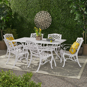 English Elm Christopher Knight Home® - Monterey Cast Aluminum 7-Piece Outdoor Dining Set in White — Floral Lattice Table, Rust-Resistant Elegance 54589.00WHI-6_57704.00WHI