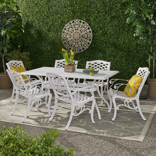 English Elm Christopher Knight Home® - Monterey Cast Aluminum 7-Piece Outdoor Dining Set in White — Floral Lattice Table, Rust-Resistant Elegance 54589.00WHI-6_57704.00WHI