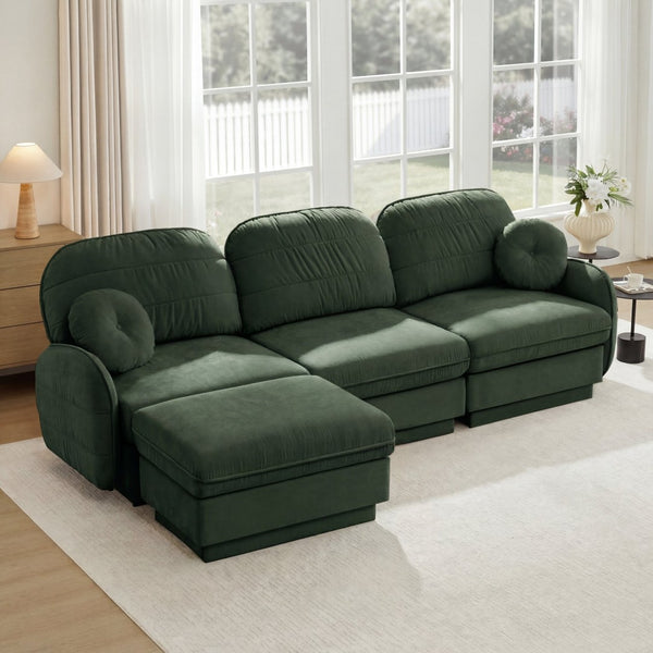 English Elm 105" Chenille Sectional Sofa with Movable Ottoman Deep Seat Quilted Cushions Living Room Green W714S01769