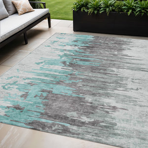 Homeroots 3' Blue Gray And Silver Abstract Washable Area Rug For Indoor And Outdoor Spaces - Durable Design 5' X 8' Polyester 582411