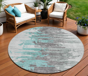 Homeroots 3' Blue Gray And Silver Abstract Washable Area Rug For Indoor And Outdoor Spaces - Durable Design 8' Round Polyester 582412