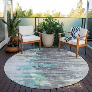 Homeroots 3' Blue Gray And Silver Abstract Washable Area Rug For Indoor And Outdoor Spaces - Durable Design 8' Round Polyester 582412