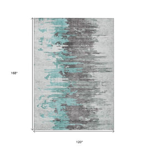 Homeroots 3' Blue Gray And Silver Abstract Washable Area Rug For Indoor And Outdoor Spaces - Durable Design 10' X 14' Polyester 582415