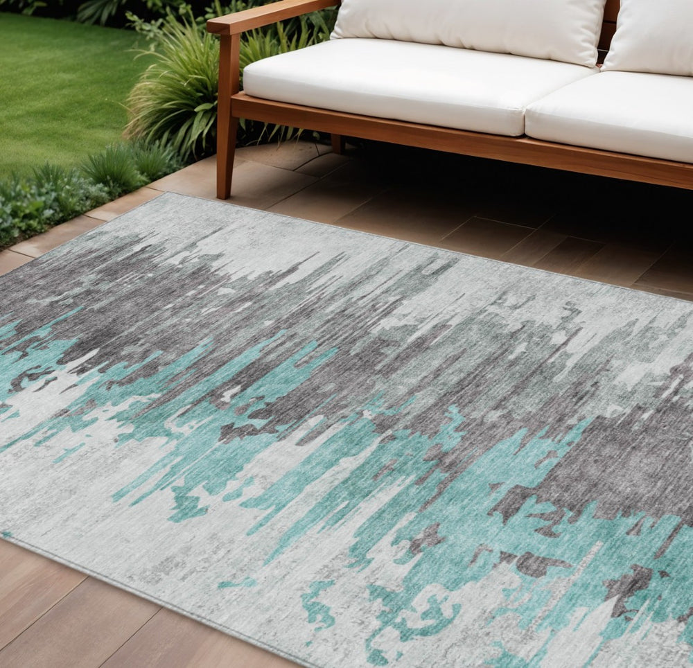 HomeRoots 5' Teal Blue and Charcoal Abstract Indoor Outdoor Area Rug – Durable, Stylish, Machine Washable Design 10' X 14' 582415